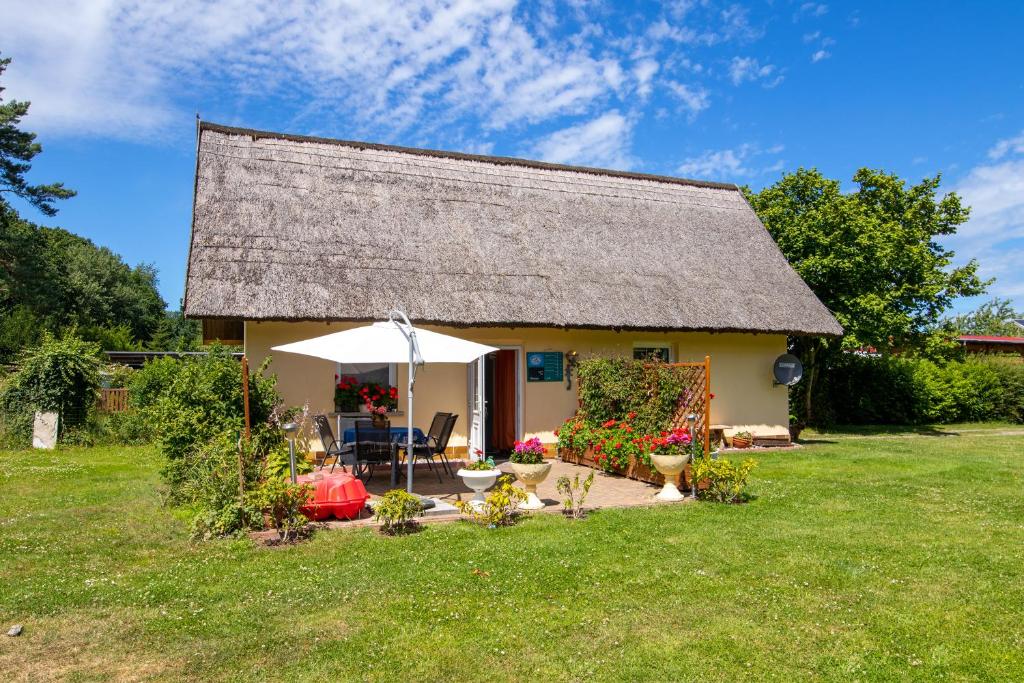 a small house with an umbrella in a yard at Ferienhaus Gitti in Freest