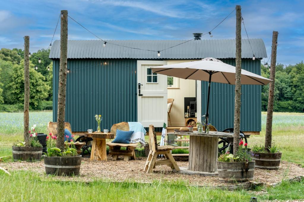 a green building with a table and an umbrella at Skylark hut in the Hampshire countryside in Oakley
