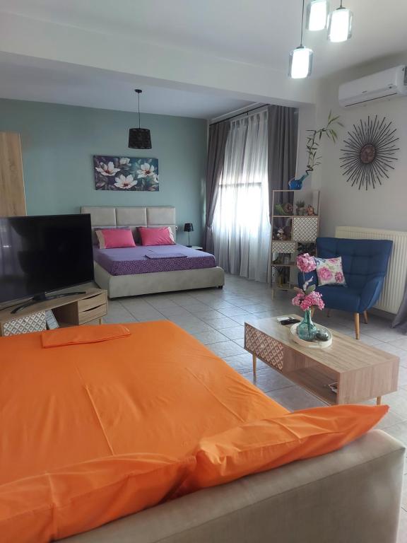 Televízia a/alebo spoločenská miestnosť v ubytovaní Violet Studio με πισίνα