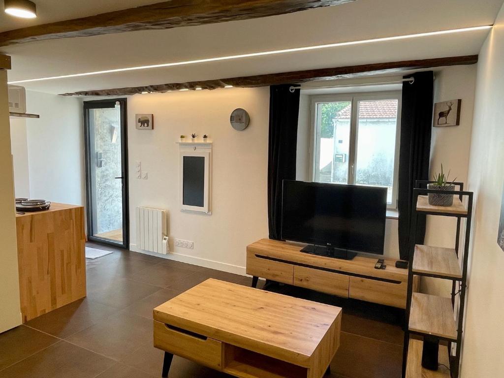 a living room with a flat screen tv on a wooden entertainment center at Studio de charme proche Nantes & aéroport au calme in Rezé