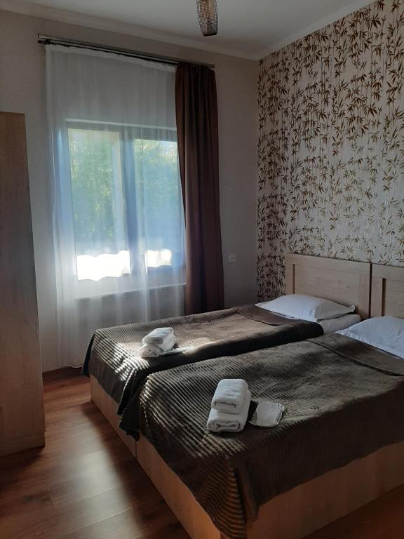 1 dormitorio con 2 camas y ventana en Royal Galaxy, en Kazbegi