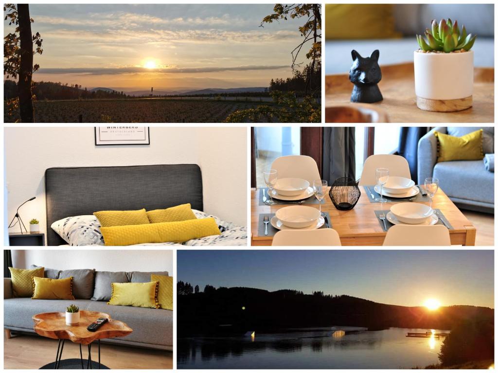 un collage de fotos de una habitación con almohadas amarillas en Loft Luis - Bikepark & Skilift -, en Winterberg