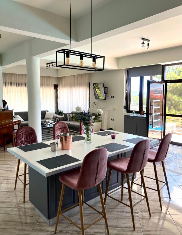 a kitchen and living room with a table and chairs at Villa Kastro Elassona in Elassona
