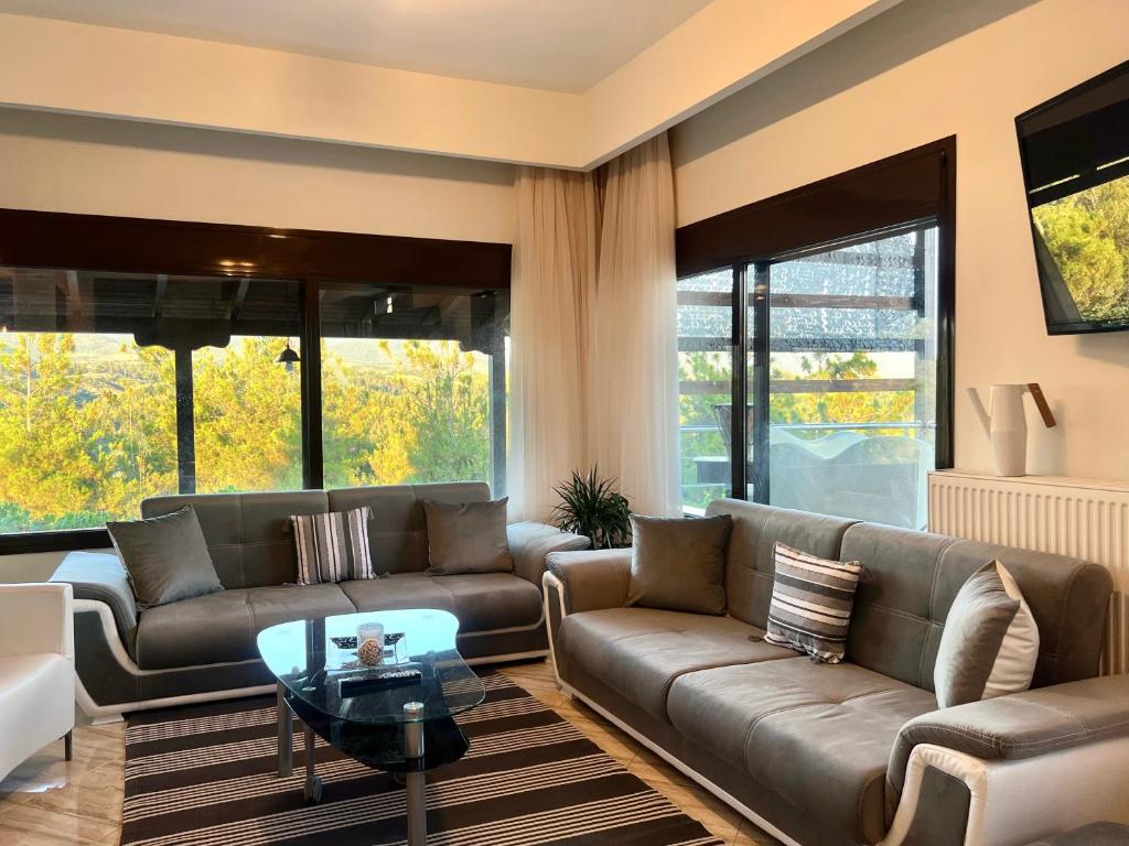 a living room with a couch and a table at Villa Kastro Elassona in Elassona