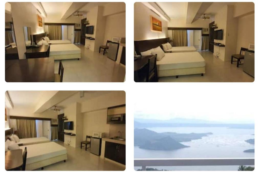 vier foto's van een hotelkamer met bedden en uitzicht bij TAGAYTAY PRIME RES 4 Amazing Homes Big room in Tagaytay