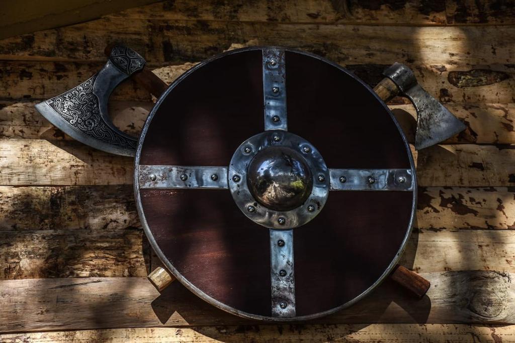 un viejo escudo en una pared de madera con dos armas en El descanso de Odín ¡Una auténtica posada vikinga! en Mataelpino