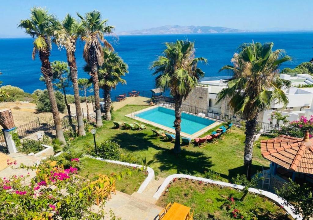 an aerial view of a resort with a swimming pool and palm trees at Datca Villa Carla Hotel in Datca