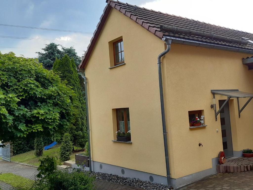 a yellow house with two windows and trees at Modern holiday home on the outskirts of Saxon Switzerland with covered terrace in Hohnstein