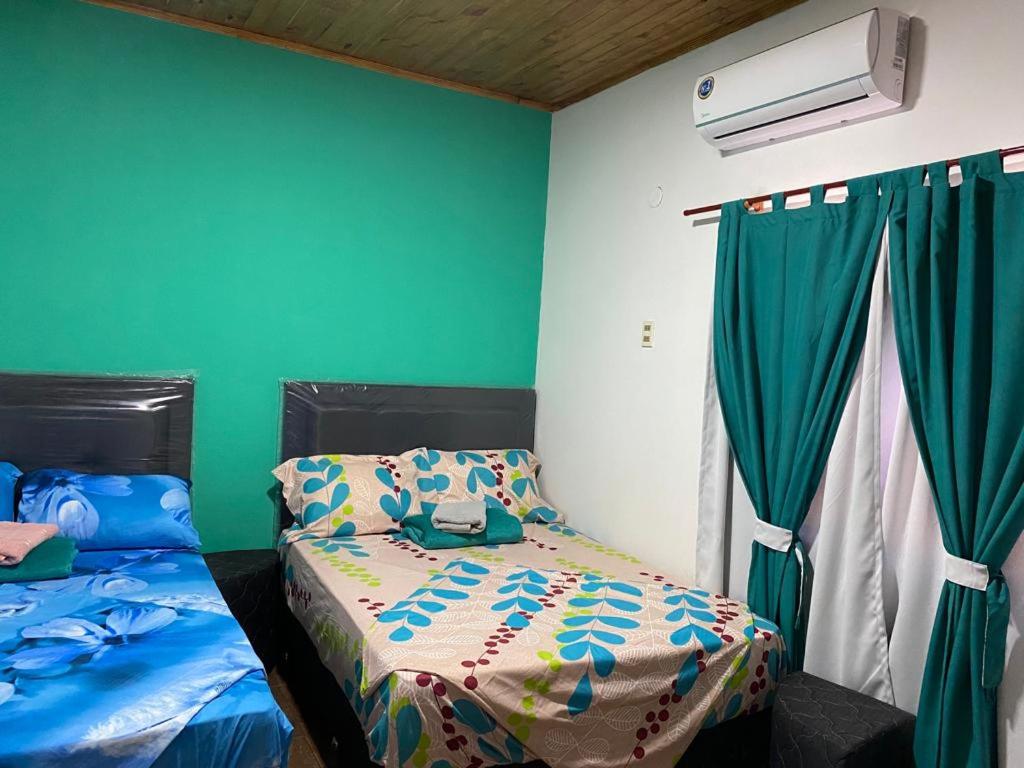 a bedroom with two beds and a window with green walls at Hospedaje La Perla in Encarnación