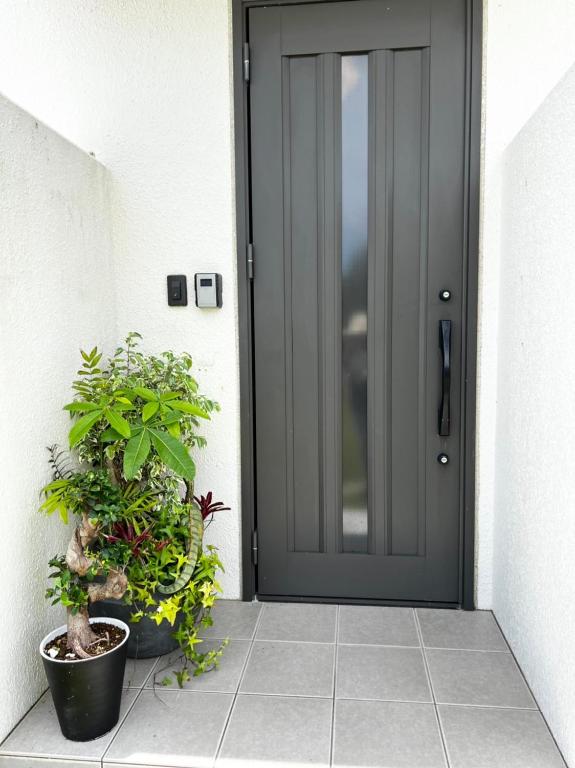a black door with two potted plants next to it at ゴールデンマイルヴィラ in Amami