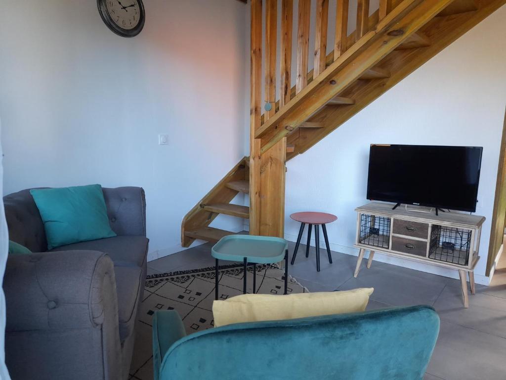 TV a/nebo společenská místnost v ubytování Charmant chalet avec jacuzzi, L'île Ô Vert