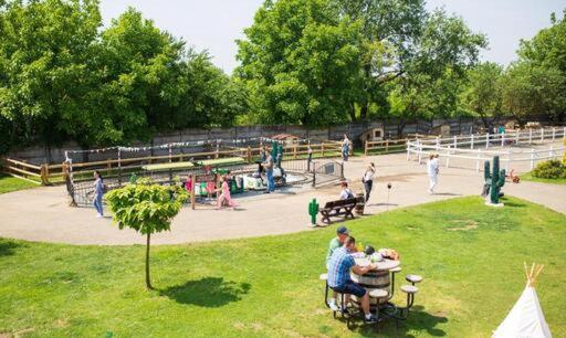 a group of people sitting at tables in a park at SpeedHouse in Alba Iulia