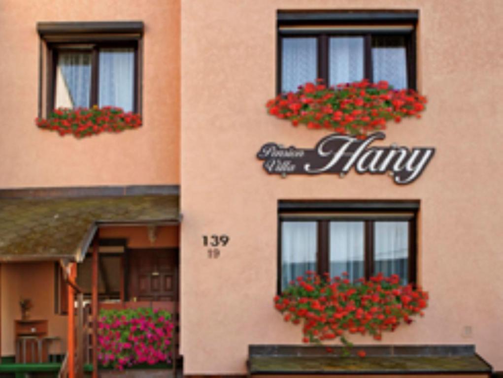 un edificio con flores en cajas de ventanas. en Pension Villa Hany en Mariánské Lázně