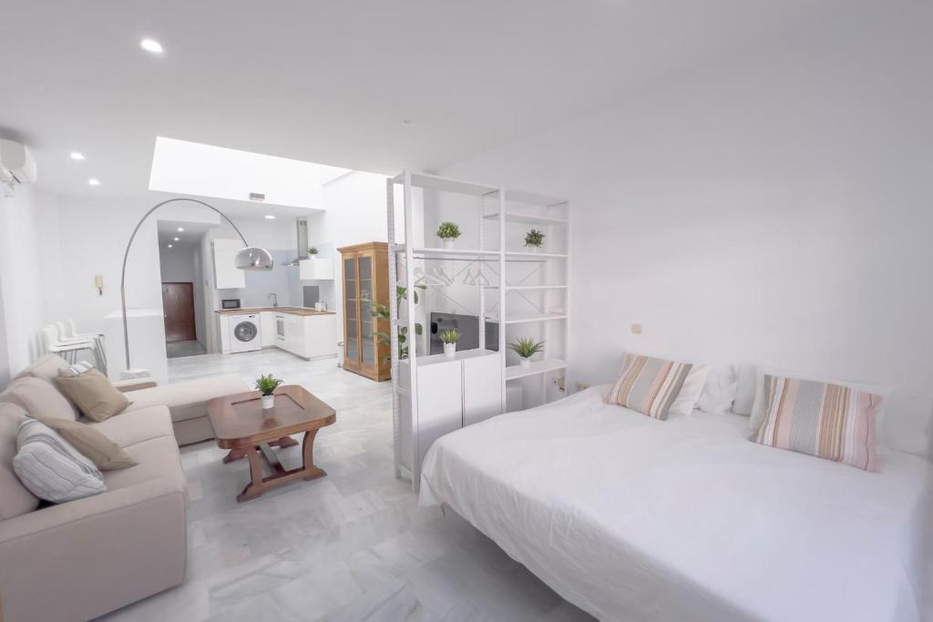 Postel nebo postele na pokoji v ubytování LOFT SÚPER LUMINOSO EN EL CENTRO DEL PUERTO DE SANTA MARÍA.