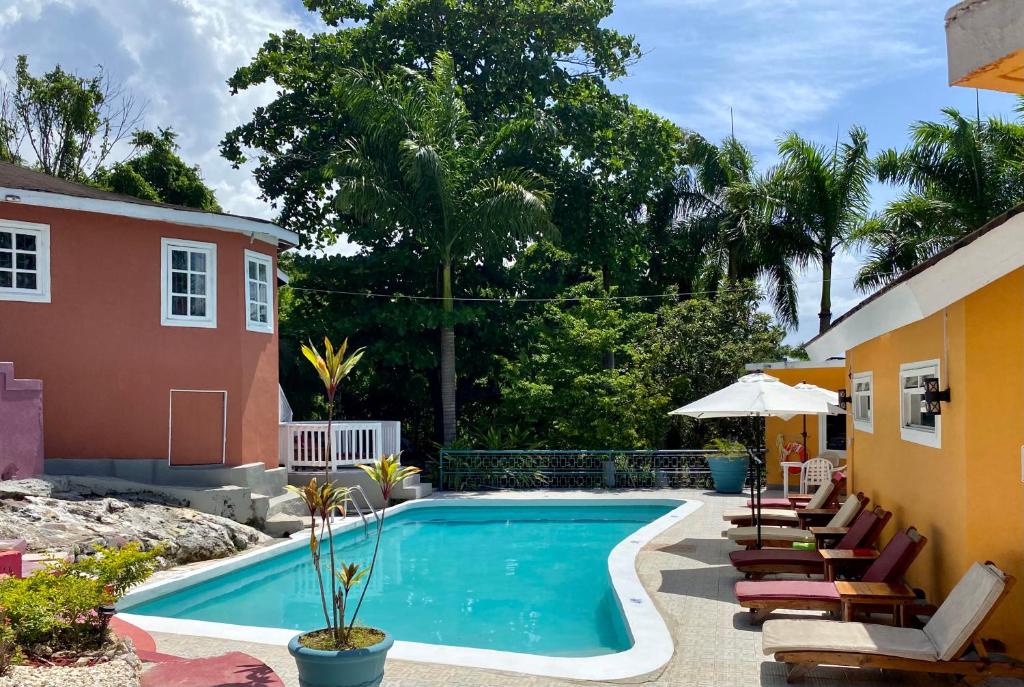 a swimming pool with lounge chairs next to a house at The Blue Orchid B&B in Montego Bay