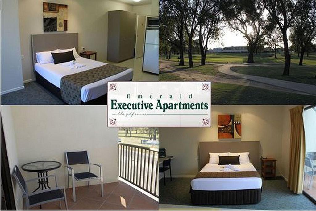 3 fotos de un dormitorio con una cama y un cartel en Emerald Executive Apartments, en Emerald