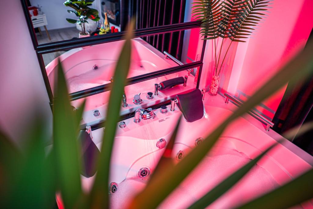 um quarto rosa com um lavatório e algumas plantas em Apartment de Lux Craiova Jacuzzi Pat Rotund Semineu Zona Ford em Craiova