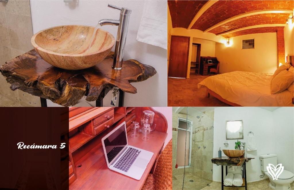 un collage de fotos de un baño con lavabo y ordenador portátil en Casa Bonita, en Guanajuato