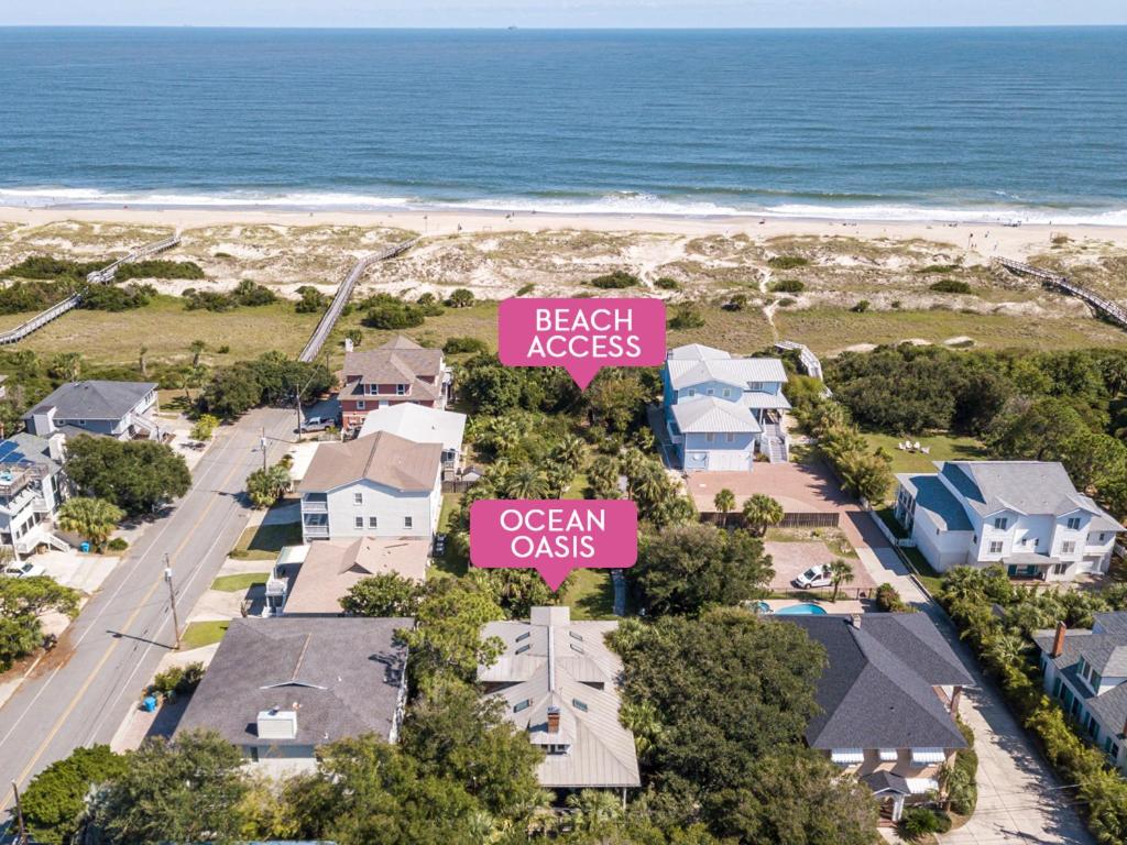 an overhead view of a house with a beach access sign at Ocean Oasis in Tybee Island