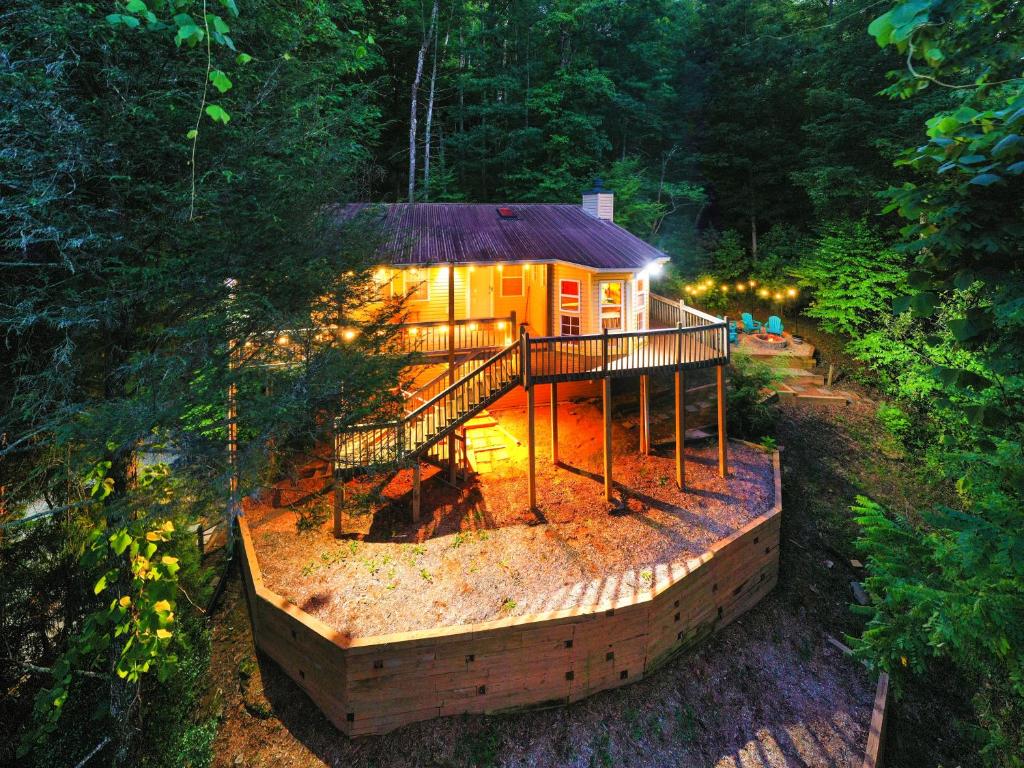 een klein huis midden in een bos bij Cozy Cabin Retreat - Hot Tub, Fireplace & Fire Pit in Blue Ridge