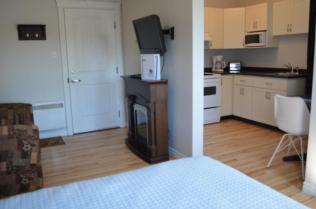 ein Zimmer mit einer Küche und einem Wohnzimmer mit einem Kamin in der Unterkunft Le Citadin in Rouyn