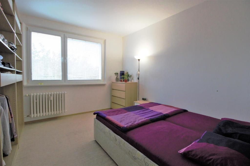 a bedroom with a purple bed and a window at Cozy, bright room with free parking in Bratislava