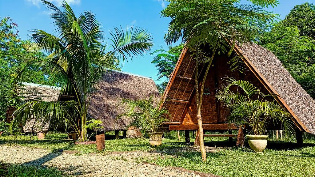 a house with a thatched roof and two palm trees at Archery-Asia Nipa Huts Moalboal in Moalboal