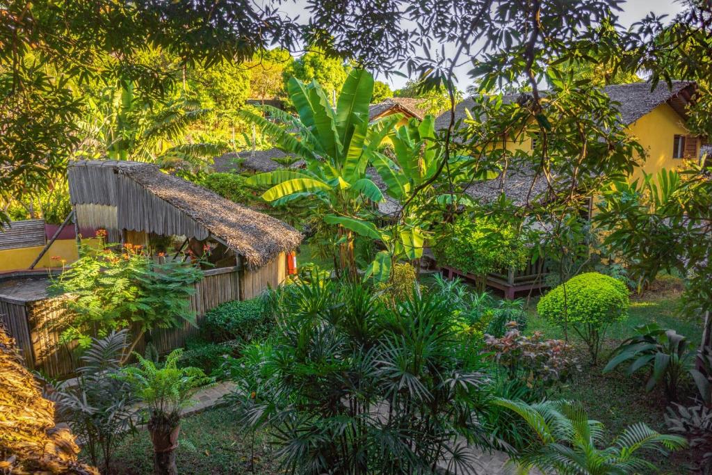 a garden in front of a house with plants at Hotel Ambalamanga in Nosy Be