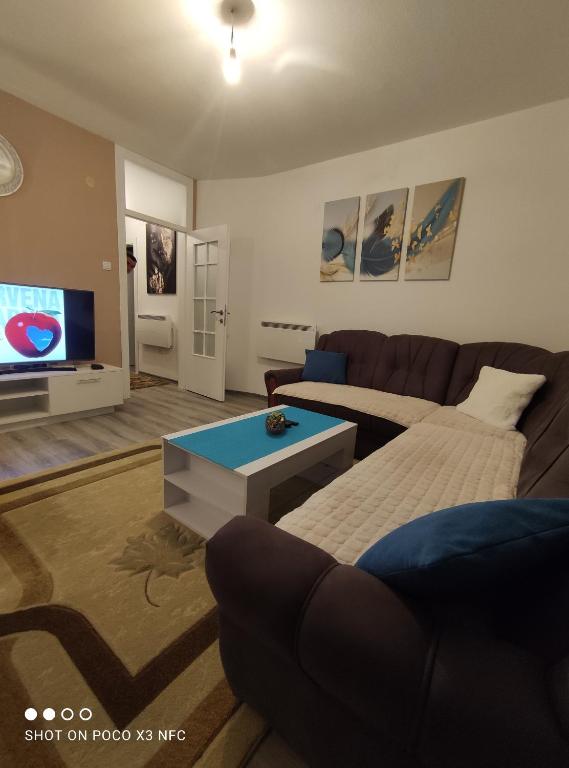 a living room with a couch and a tv at Apartman Đerić in Nevesinje
