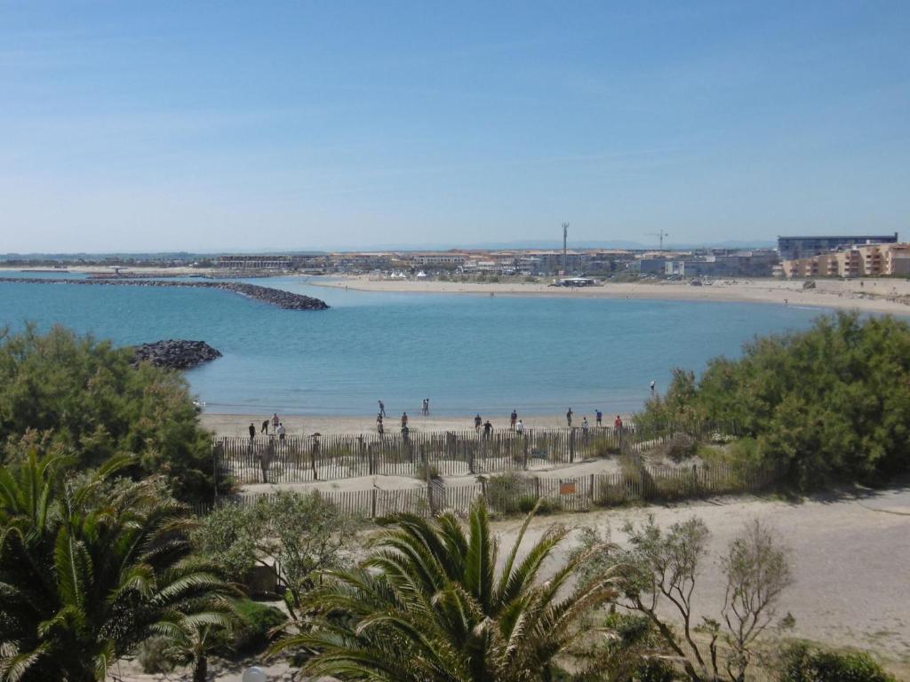 une plage avec un groupe de personnes dans l'eau dans l'établissement Appartement 2 pièces cabine, 6 pers, terrace face plage à Sète, 2 étoiles, Clévacances 2 clés - FR-1-472A-223, à Sète