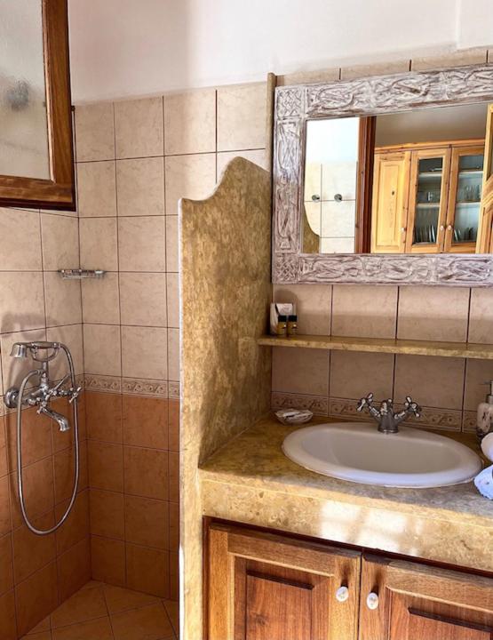 łazienka z umywalką i lustrem w obiekcie Litois Houses Patmos w mieście Sapsila
