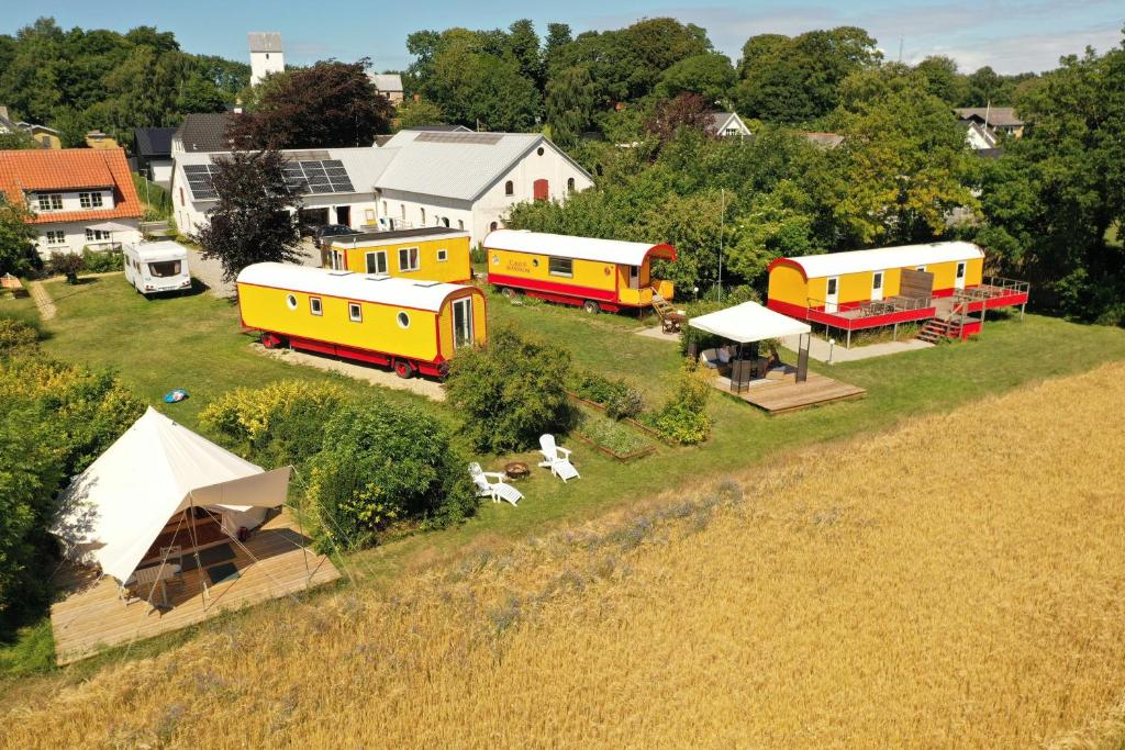 an aerial view of a model train yard with a train station at Guesthouse Gjoel in Gjøl