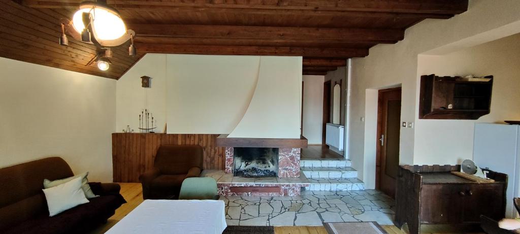 a living room with a fireplace and a couch at Domek na Porąbkach z kominkiem in Międzybrodzie Żywieckie