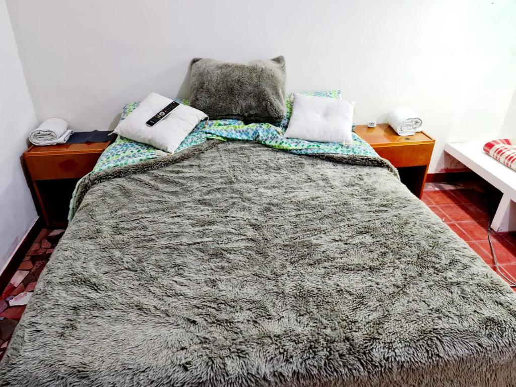 een bed met een grijze deken en twee kussens erop bij H2Otel in Salta