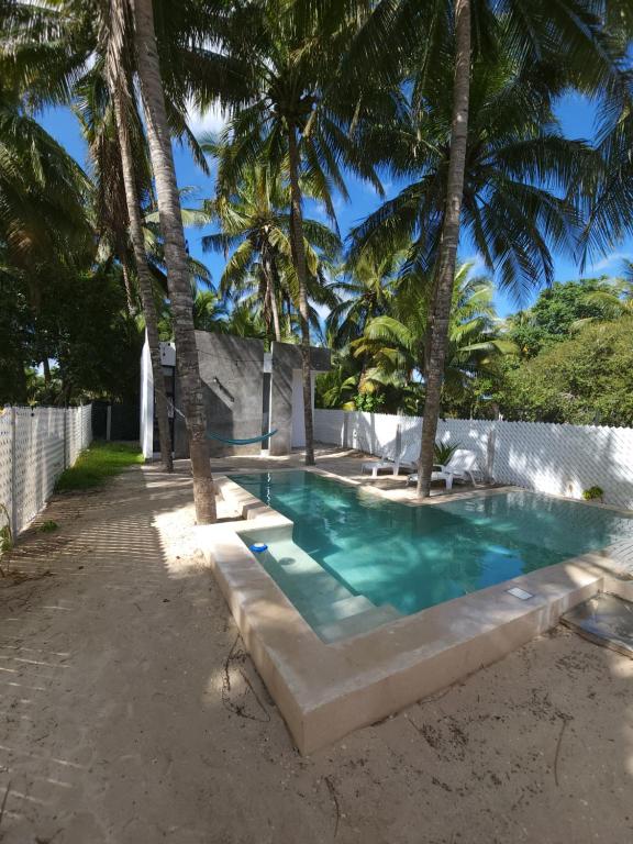 una piscina con palmeras en un patio trasero en Quiet and peaceful house, all installations are private, with pool and very close to the beach, en Telchac Puerto