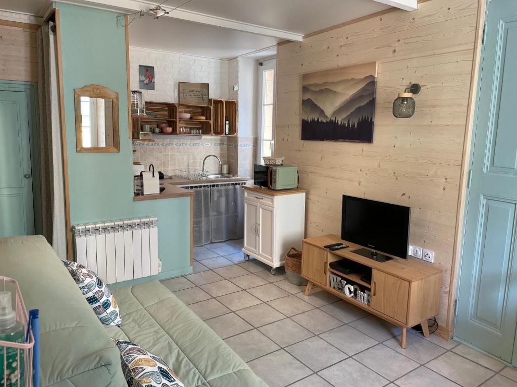 Il comprend un salon avec une télévision et une cuisine. dans l'établissement Studio cosy au coeur de Saint Martin Vésubie, à Saint-Martin-Vésubie