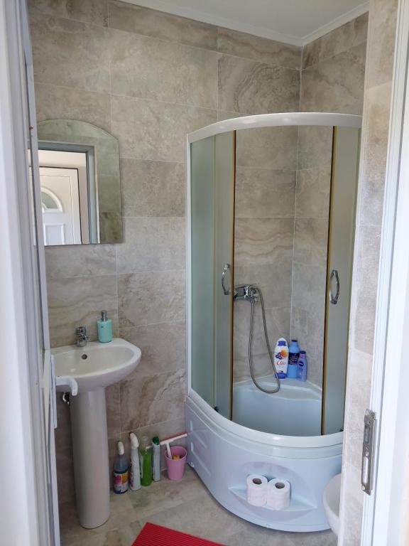 a bathroom with a shower and a sink at Darija in Herceg-Novi