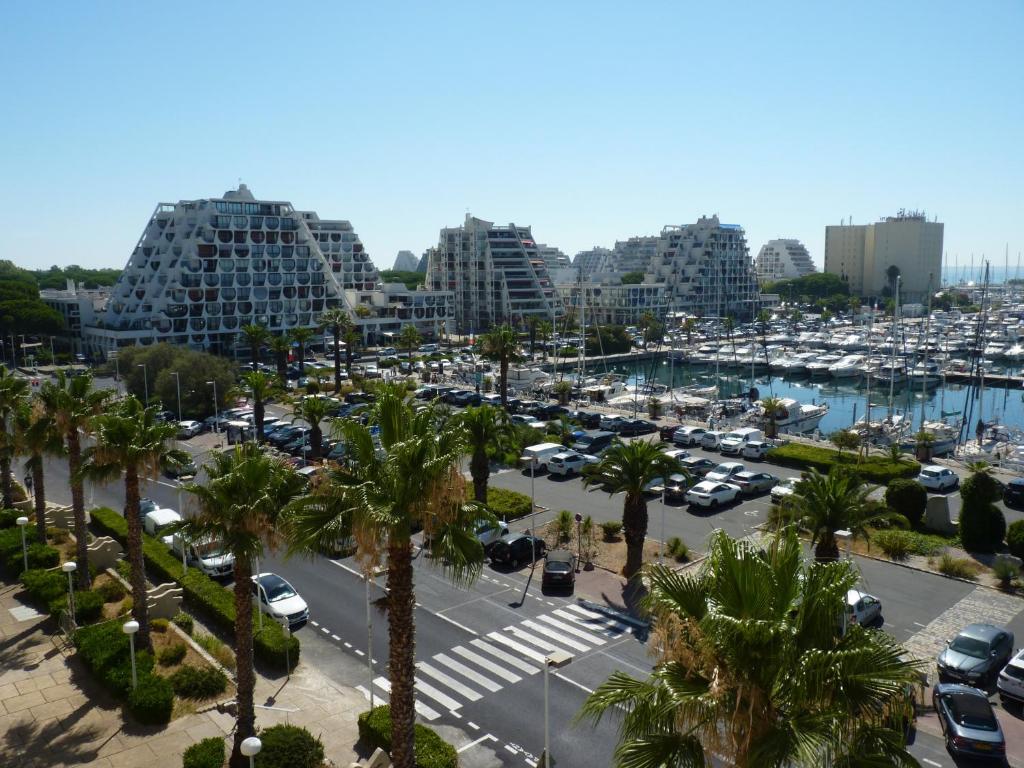 widok na parking z palmami i budynkami w obiekcie Sol-y-Days Eden, Magnifique appartement de deux chambres, en duplex face a la mer et au port de plaisance w mieście La Grande-Motte