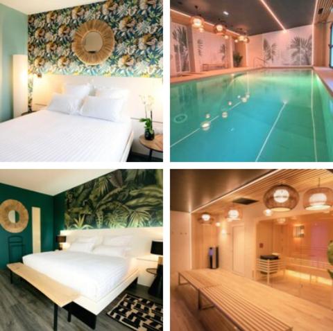 eine Collage mit vier Bildern von einem Schlafzimmer und einem Pool in der Unterkunft PADJA Hôtel & Spa Vannes in Vannes