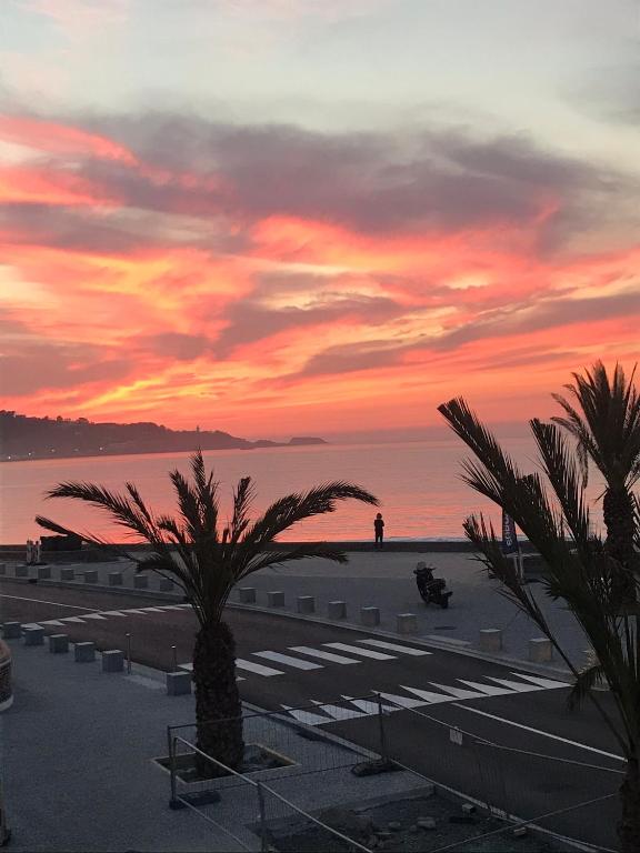 - un coucher de soleil sur une plage avec des palmiers et l'océan dans l'établissement Appartement vue sur l ocean, à Hendaye