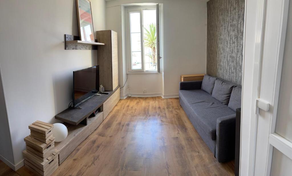 a living room with a couch and a tv at Appartement vue sur l ocean in Hendaye