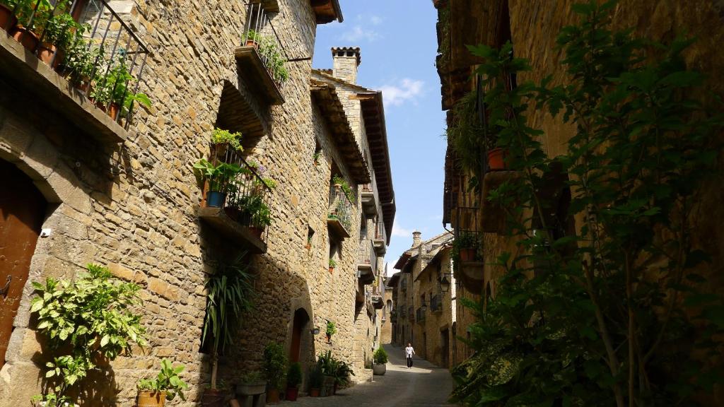 eine Gasse mit einer Person, die eine Straße hinuntergeht in der Unterkunft Apartamentos Casa Rivera in Aínsa