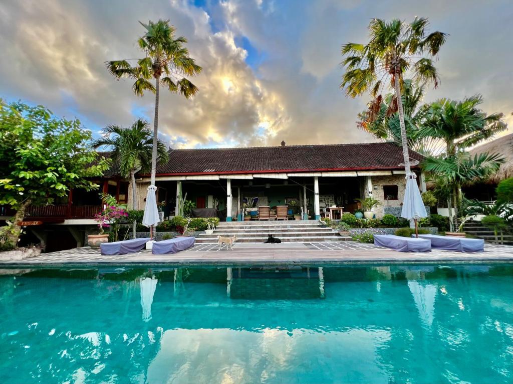 a resort with a swimming pool and palm trees at Villa Anjing in Nusa Dua