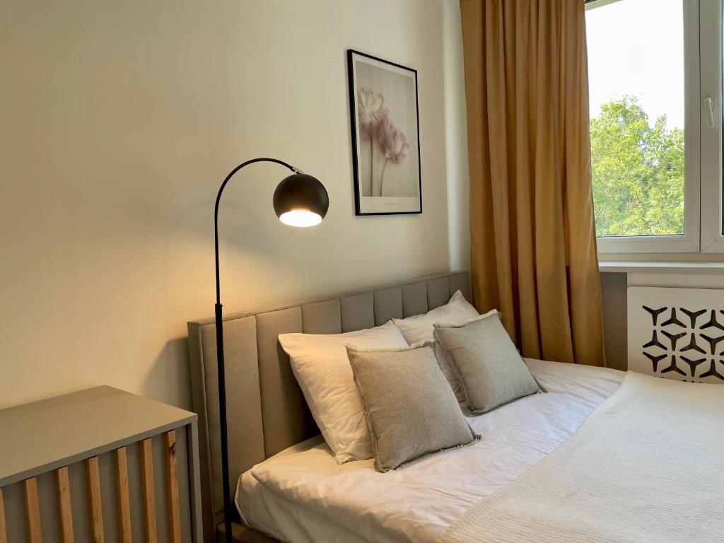 sypialnia z łóżkiem z poduszkami i oknem w obiekcie Apartament Rataja50 w Olsztynie