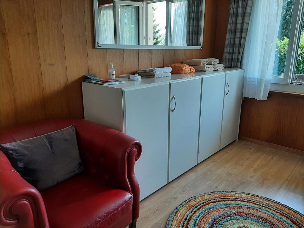 林根貝格的住宿－Chalet apartment by Interlaken. Parking，客厅配有红色椅子和柜台