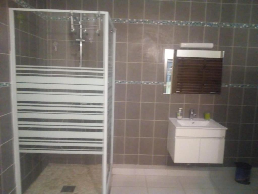 La salle de bains est pourvue d'une douche et d'un lavabo. dans l'établissement A la montagne, à Morne Vert