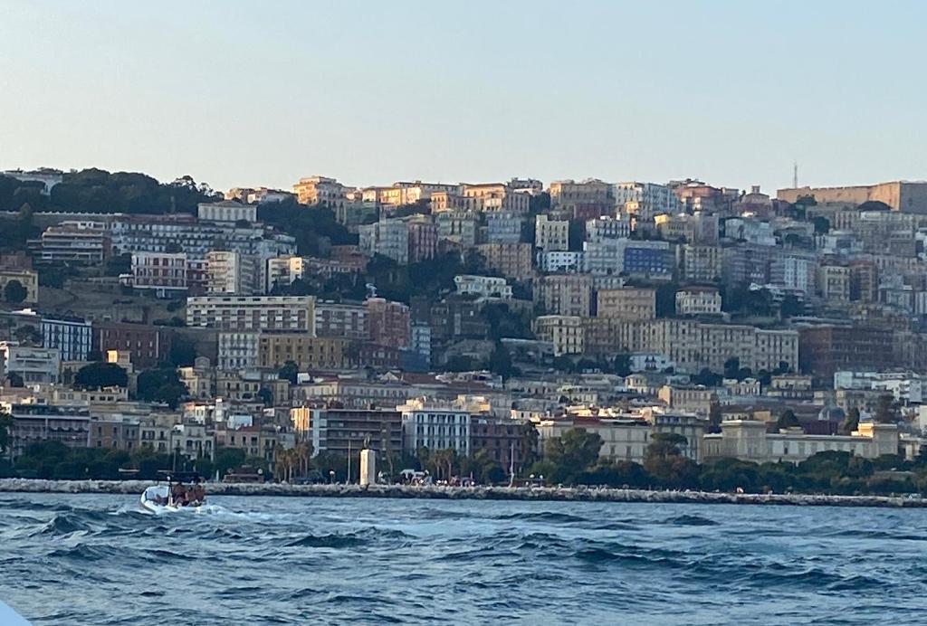 uma vista da cidade a partir da água com um barco em Dea Suite em Nápoles