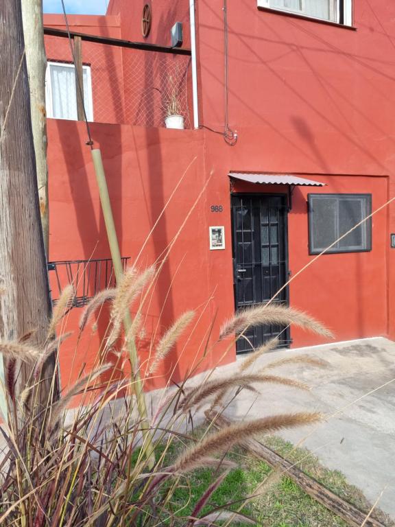 un edificio rosso con una porta nera e erba alta di Río Tigris Apart 1 a Tigre