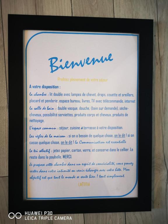 Certifikát, hodnocení, plakát nebo jiný dokument vystavený v ubytování Landes Conviviales, CHAMBRES chez l'habitante, Laëtitia !