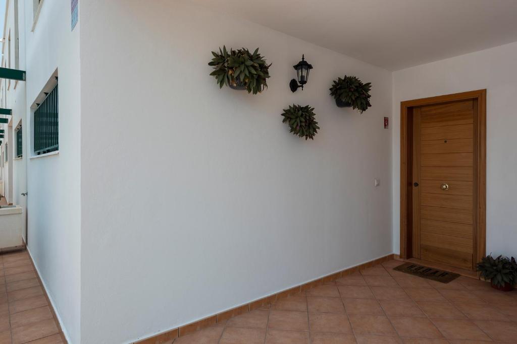 a hallway with a door and plants on the wall at CASA NOELIA in Playa Blanca